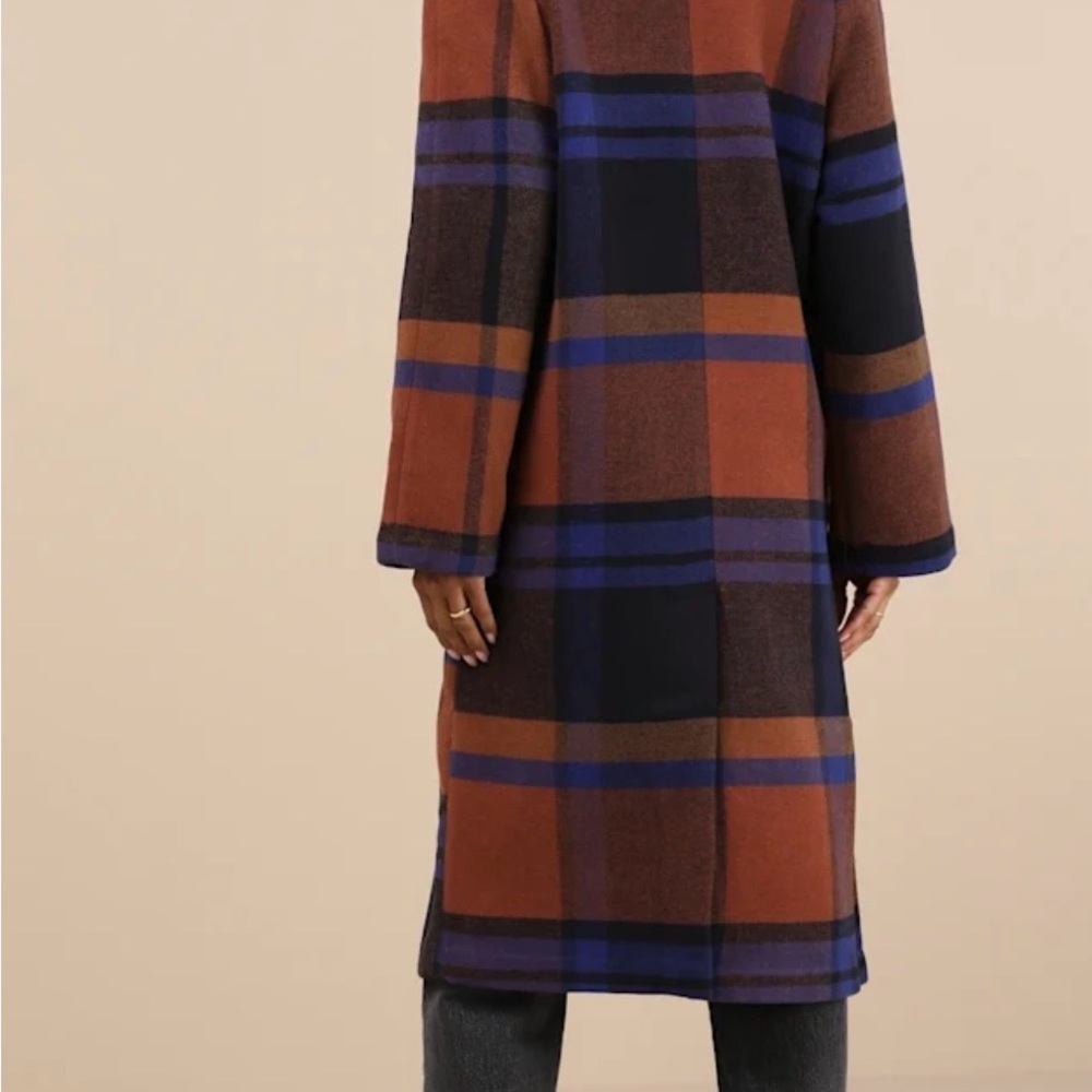Avec Les Filles Brown and Blue Plaid Open Front Coat - Picture 2 of 4
